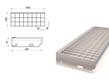 Pozinkovaný schodiskový stupeň lisovaný 1000x240 mm, oko 30x30 mm