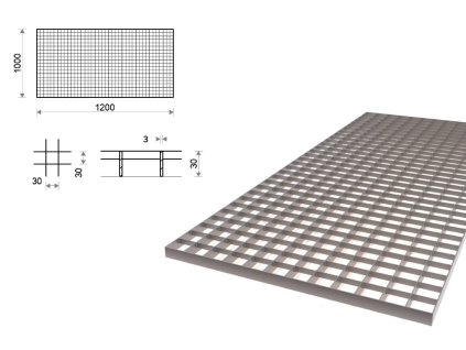 Pozinkovaný rošt lisovaný 1000x1200 mm, oko 30x30 mm, hrubšia nosná páska 30x3 mm