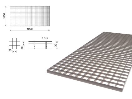 Pozinkovaný rošt lisovaný 1000x1000 mm, oko 30x30 mm, tlustší nosná páska 30x3 mm