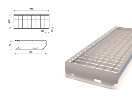 Pozinkovaný schodiskový stupeň lisovaný 700x270 mm, oko 30x30 mm