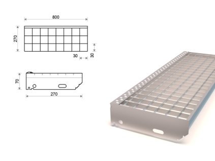 Pozinkovaný schodiskový stupeň lisovaný 800x270 mm, oko 30x30 mm