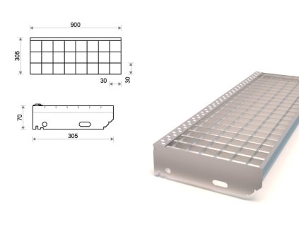 Pozinkovaný schodiskový stupeň lisovaný 900x305 mm, oko 30x30 mm