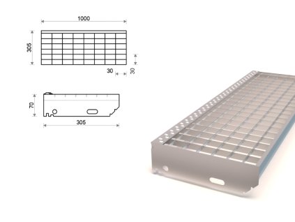Pozinkovaný schodiskový stupeň lisovaný 1000x305 mm, oko 30x30 mm