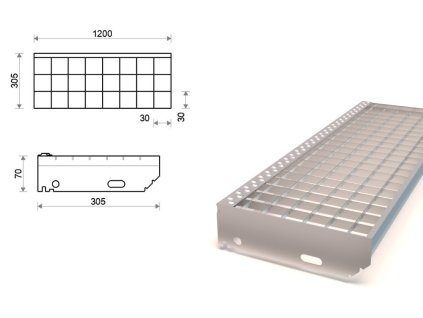 Pozinkovaný schodiskový stupeň lisovaný 1200x305 mm, oko 30x30 mm