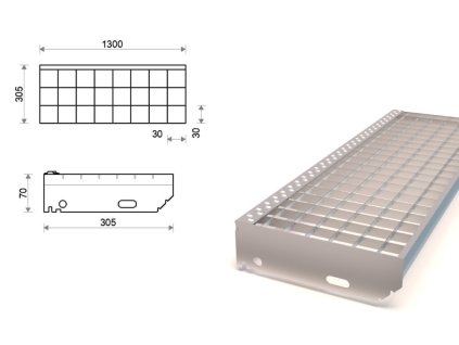Pozinkovaný schodiskový stupeň lisovaný 1300x305 mm, oko 30x30 mm