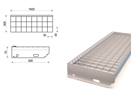 Pozinkovaný schodiskový stupeň lisovaný 1500x305 mm, oko 30x30 mm
