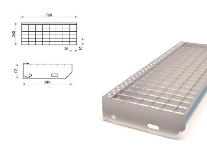 Pozinkovaný schodiskový stupeň lisovaný 700x240 mm, oko 30x10 mm