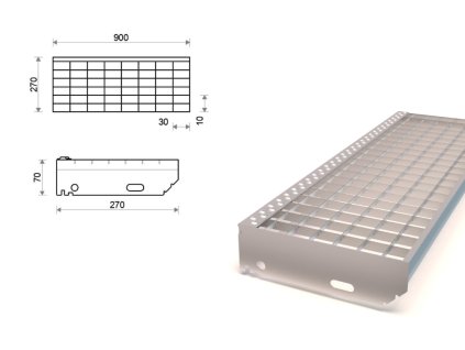 Pozinkovaný schodiskový stupeň lisovaný 900x270 mm, oko 30x10 mm