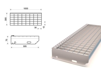 Pozinkovaný schodiskový stupeň lisovaný 1000x305 mm, oko 30x10 mm