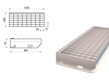Pozinkovaný schodiskový stupeň lisovaný 1200x305 mm, oko 30x10 mm