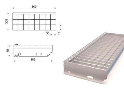 Pozinkovaný schodiskový stupeň lisovaný 800x305 mm, oko 30x10 mm